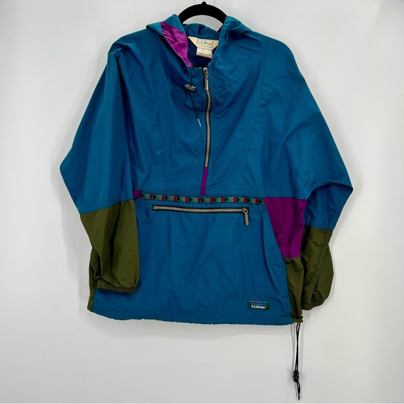 Vintage 80s L.L. Bean Anorak 1/2 Zip Retro Aztec Windbreaker Teal Rain Jacket L - Picture 2 of 8
